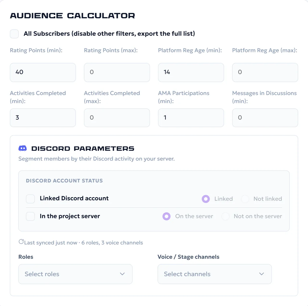 Saved audience segments with their parameters